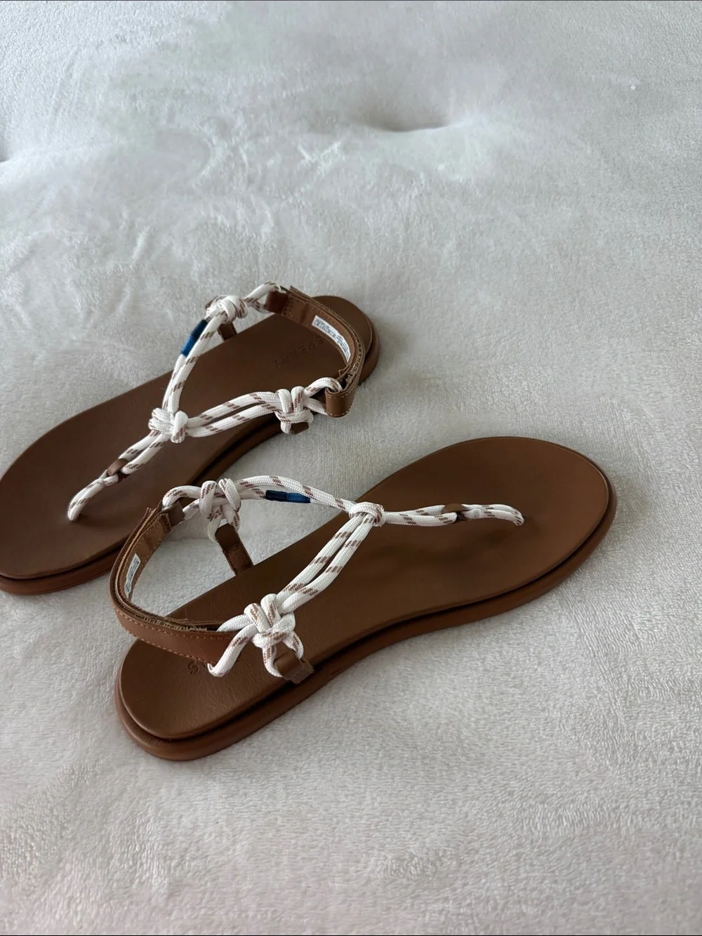 Sperry Brown Sandals with White Braided Rope T-Strap and Blue Accent - Picture 4 of 4